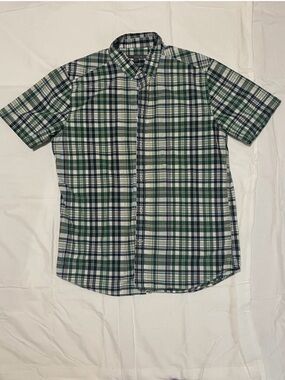 Old Navy Green and Navy Plaid Short-Sleeve Button-Down Shirt